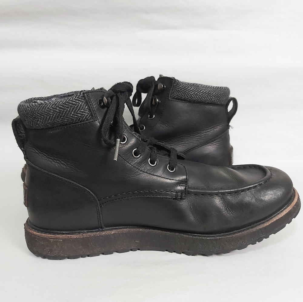 UGG Men Edgy Moto Combat Laceup Boots Black Leather High Ankle Motorcycle Hiking - Picture 6 of 11